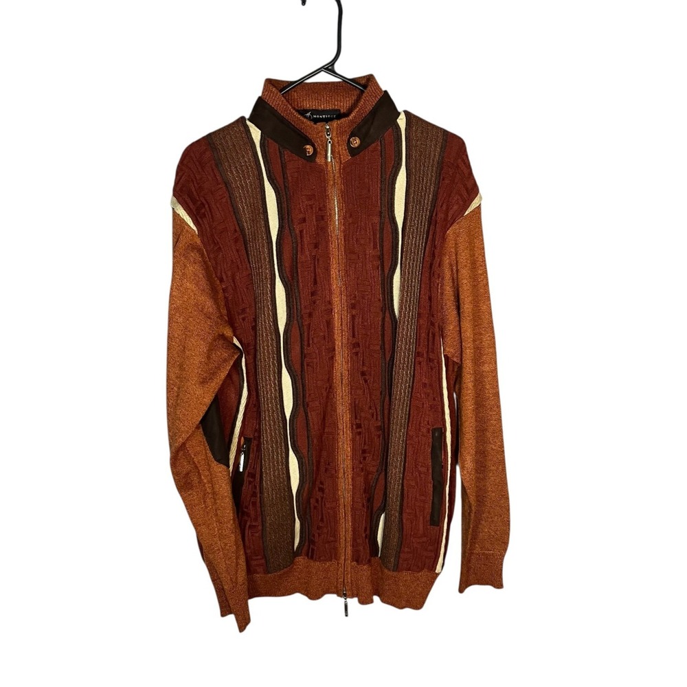 Montique Men's Full Zip Long‎ Sleeve Sweater Stripe L Elbow Pads